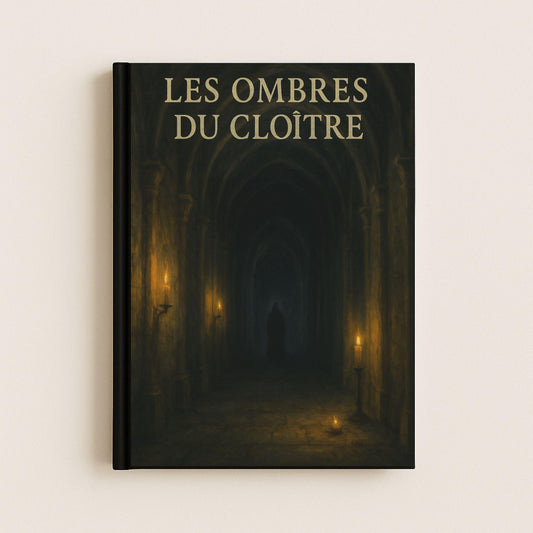 carnet gothique dont la couverture avant représente un moine dans le fond du manoir, couloir éclairé par des bougies.