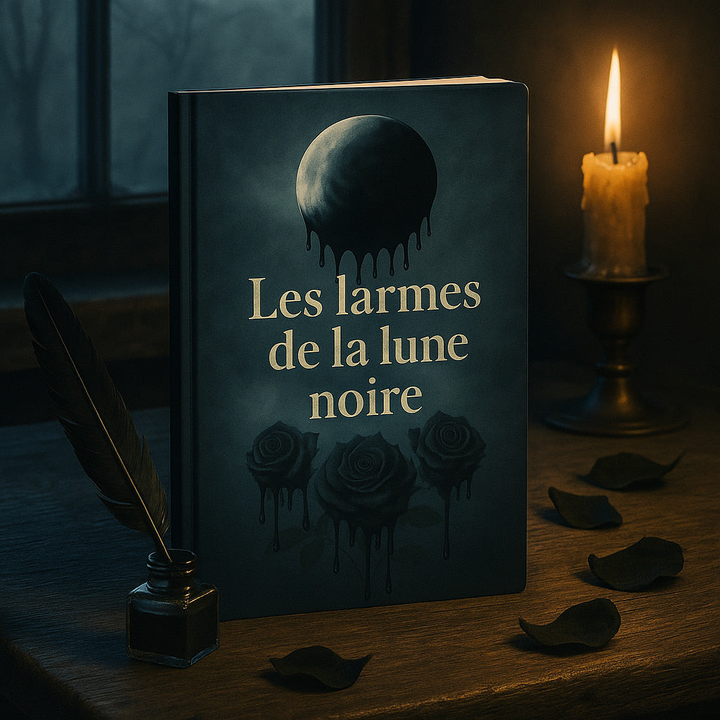 Carnet gothique posé sur un meuble en bois, un encrier avec sa plume, des pétales de rose noire et une bougie l'entourent