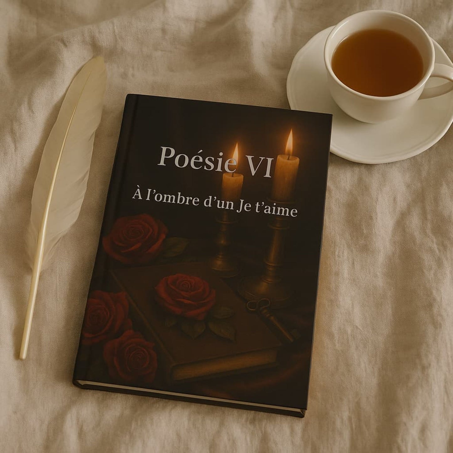 Carnet de poésie Poésie VI À l'ombre d'un Je t'aime posé sur un drap en coton beige, une tasse de thé et une plume blanche à côté