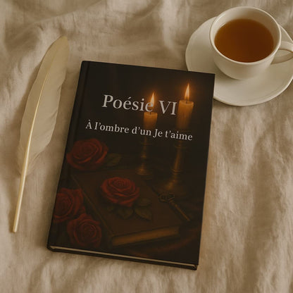 Carnet de poésie Poésie VI À l'ombre d'un Je t'aime posé sur un drap en coton beige, une tasse de thé et une plume blanche à côté