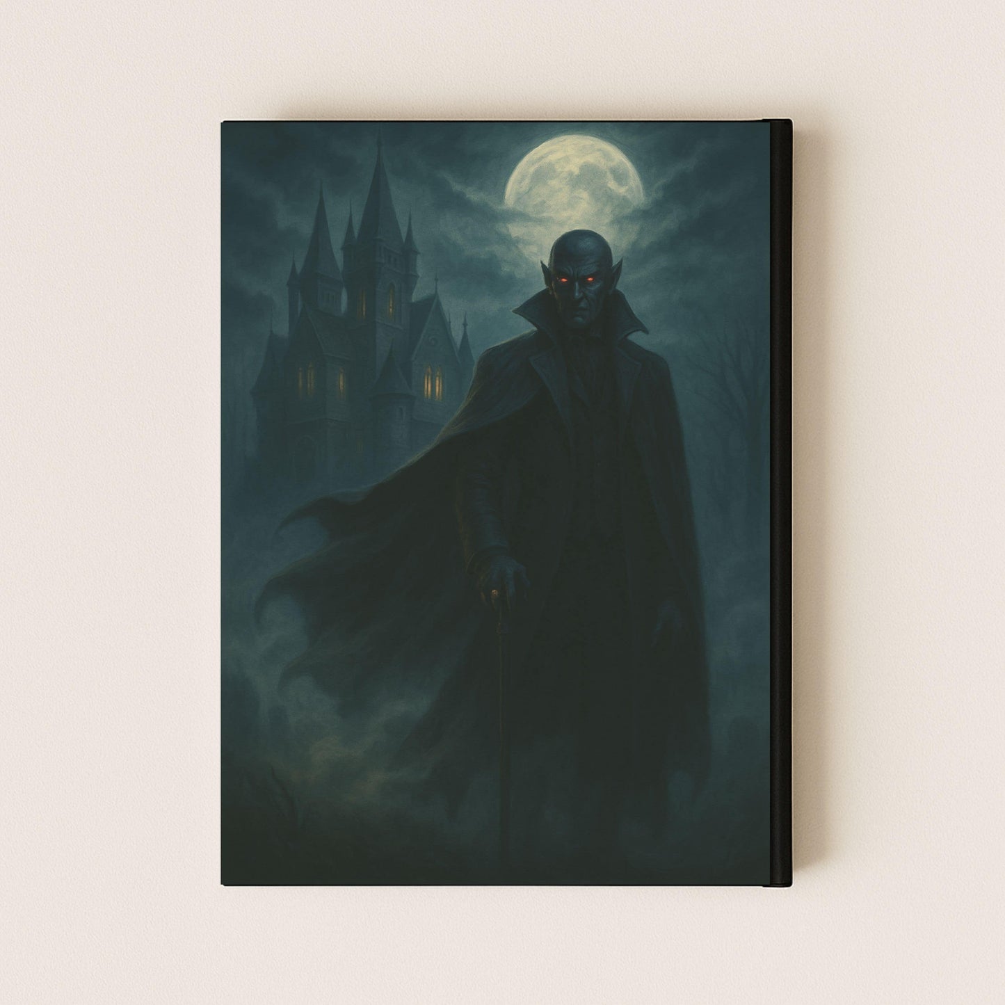 Couverture arrière du carnet gothique représentant un vampire avec sa cape noire, sa canne et le manoir en arrière plan