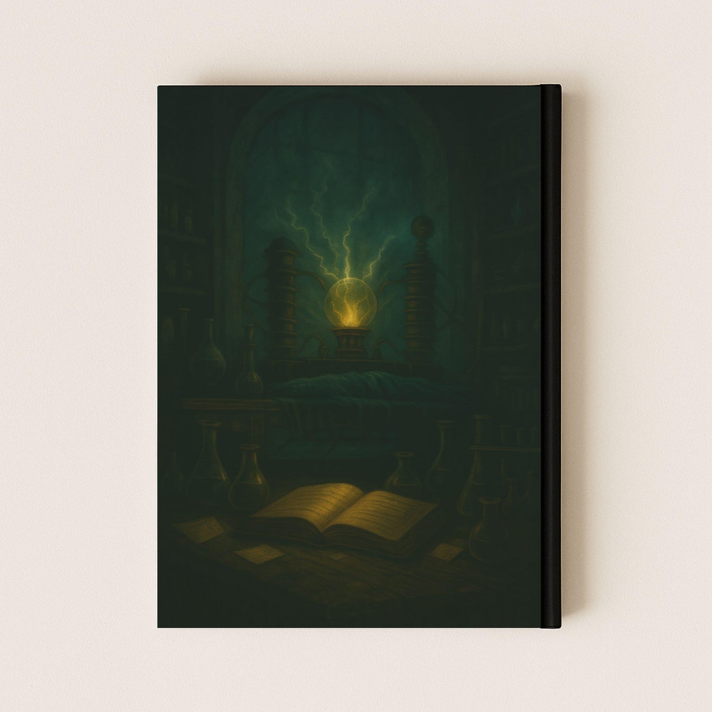 Carnet gothique inspiré de l'histoire de Frankenstein. La couverture arrière représente le laboratoire du Docteur avec son livre ouvert