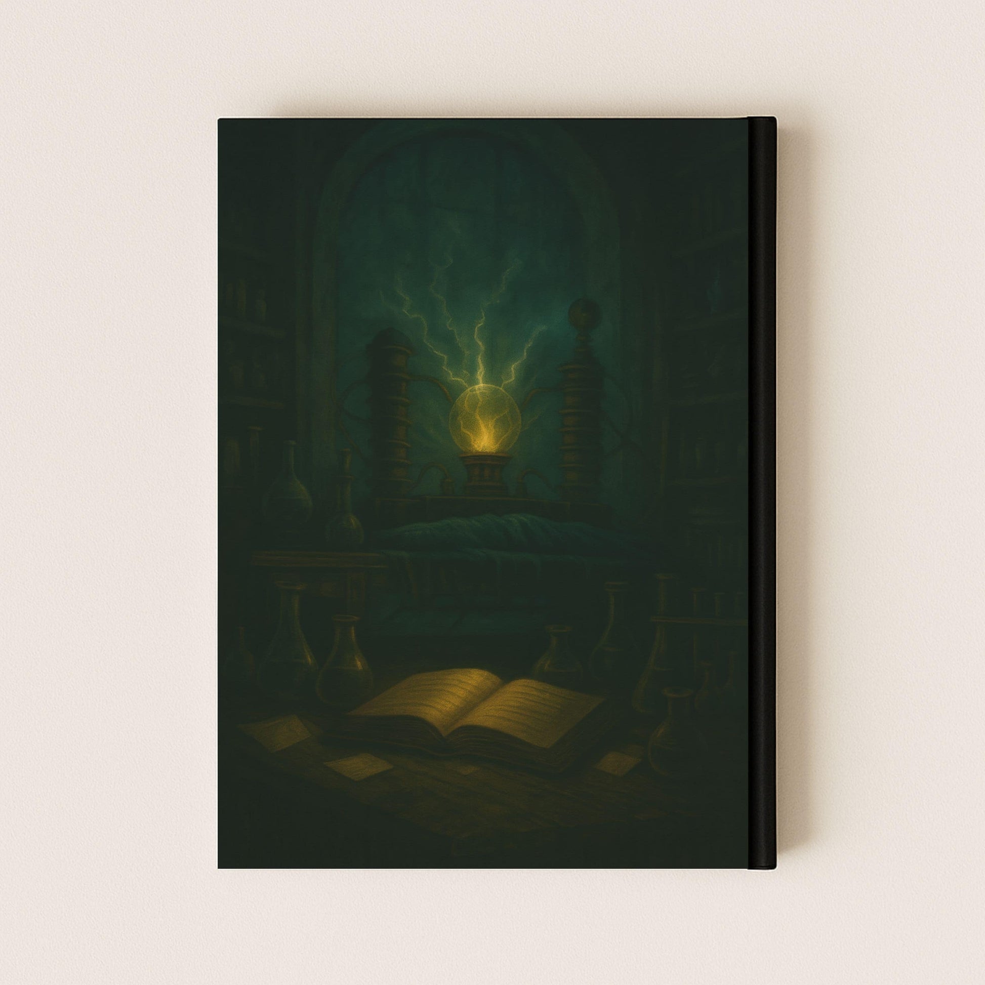 Carnet gothique inspiré de l'histoire de Frankenstein. La couverture arrière représente le laboratoire du Docteur avec son livre ouvert