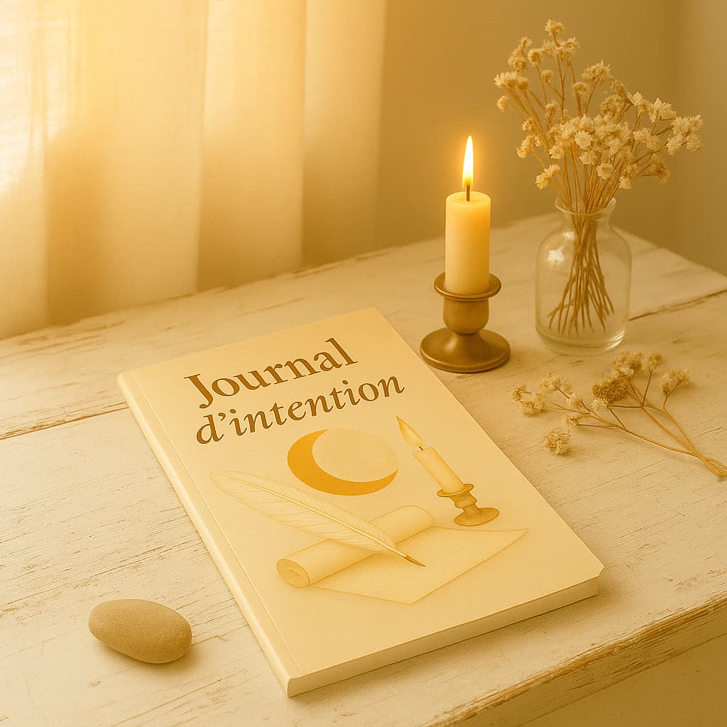 Carnet de rituel Journal d'intention posé sur une table en bois blanc avec une bougie allumée, une pierre des brins séchés à côté