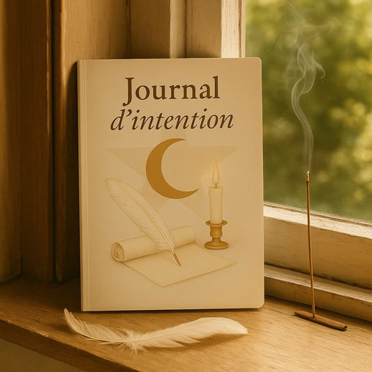 Carnet de rituel Journal d'intention posé contre le chambranle d'une fenêtre en bois, une plume et de l'encens à côté 