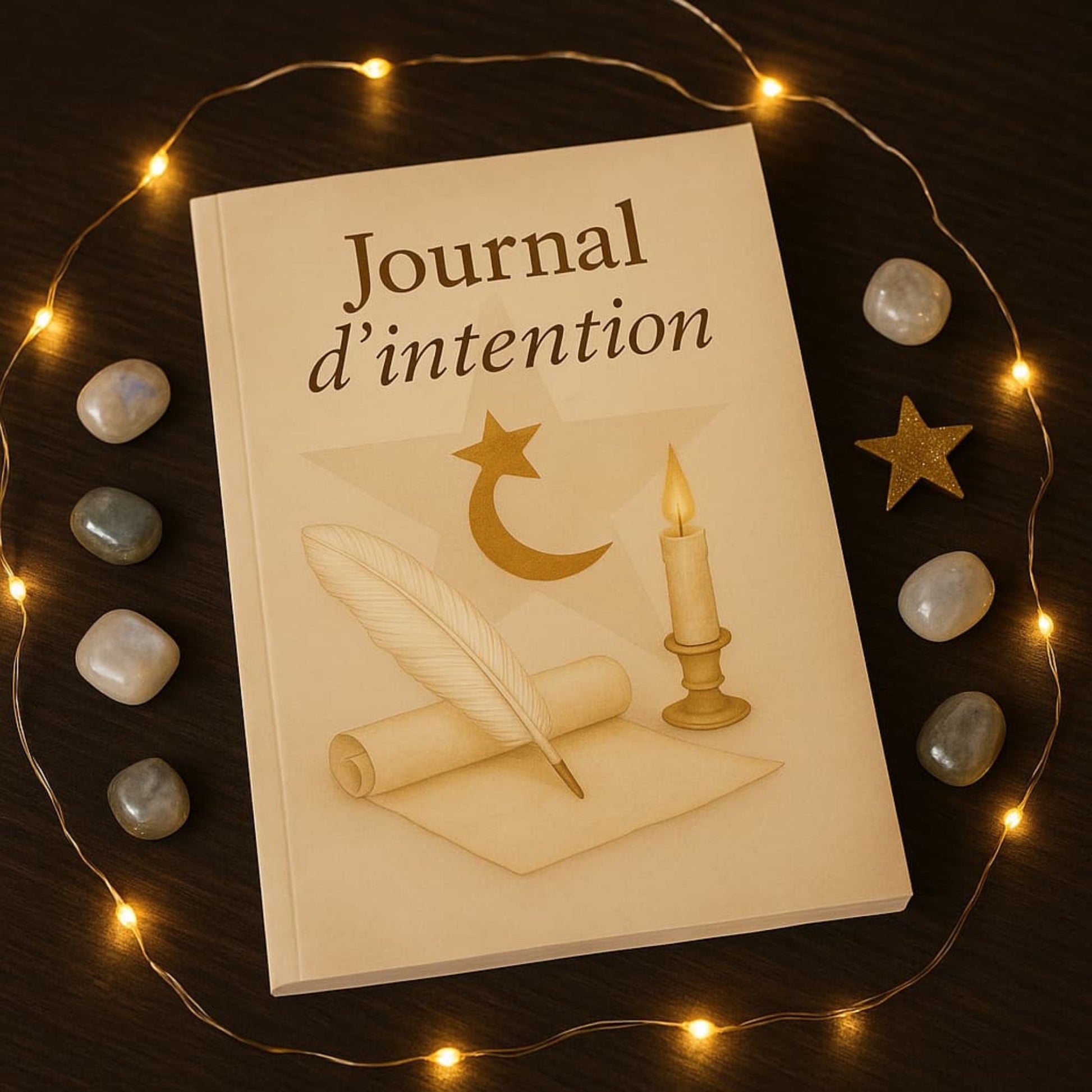 Carnet de rituel Journal d'intention posé sur un meuble en bois foncé avec filet de lumière et des pierres précieuses autour