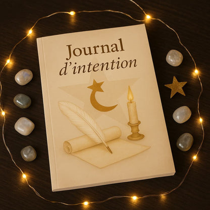 Carnet de rituel Journal d'intention posé sur un meuble en bois foncé avec filet de lumière et des pierres précieuses autour