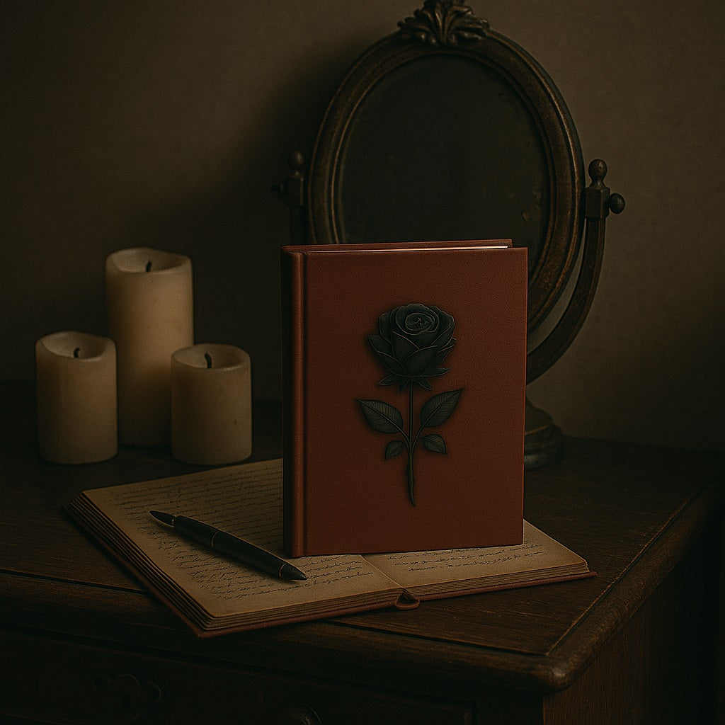 Carnet de note - La mémoire du cuir - Journal intime posé sur un carnet ouvert, des bougies éteintes, un miroir et un stylo à bille à côté