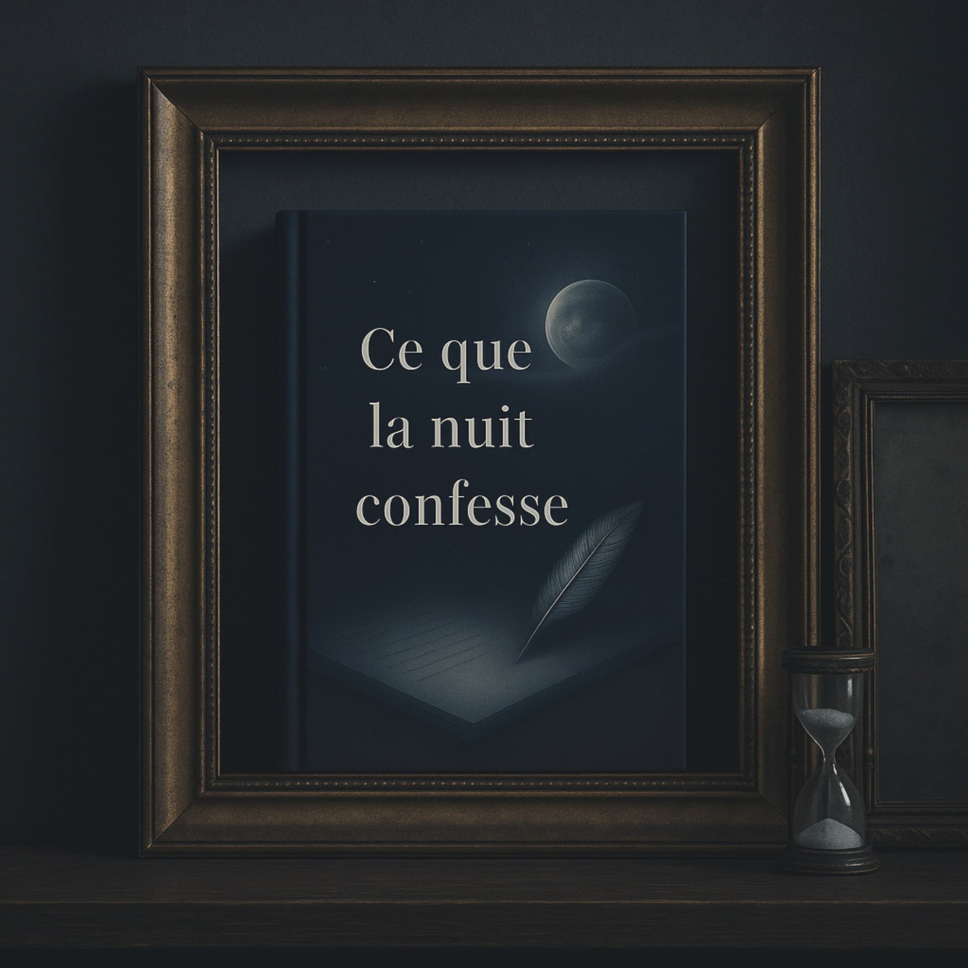 Carnet de notes Ce que la nuit confesse - Journal intime déposé dans un cadre avec un autre petit carde à côté et un petit sablier