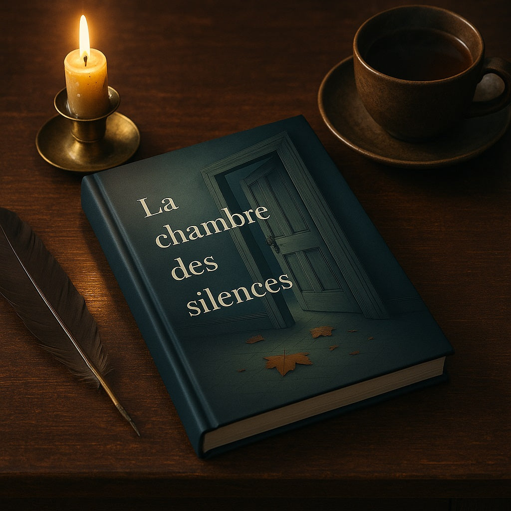 Carnet de notes - La chambre des silences - Journal intime déposé sur un bureau en bois avec à côté une plume noire, une bougie allumée et une tasse de café