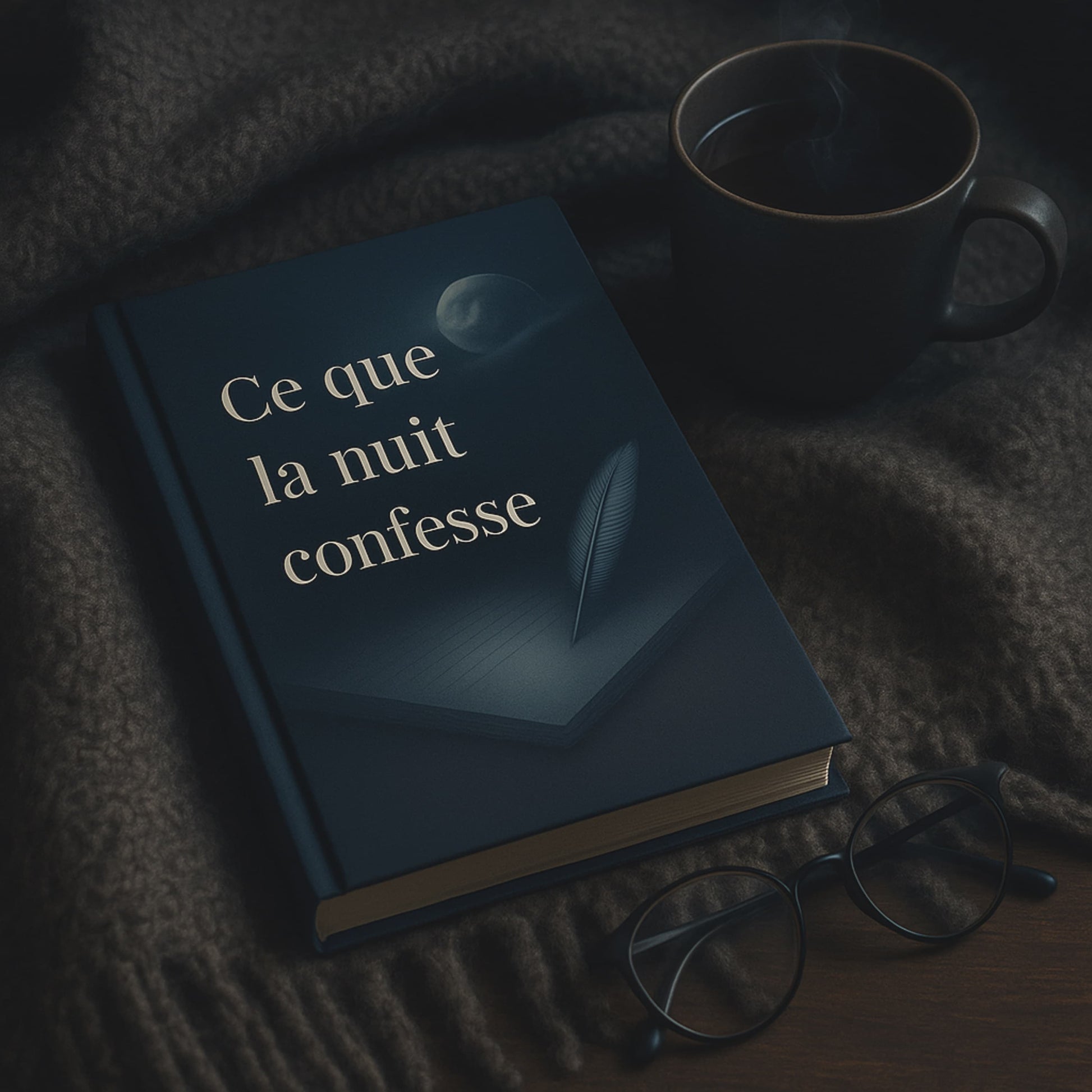 Carnet de notes Ce que la nuit confesse - Journal intime posé sur une couverture en laine brune avec à côté une paire de lunettes de lecture et une tasse de café