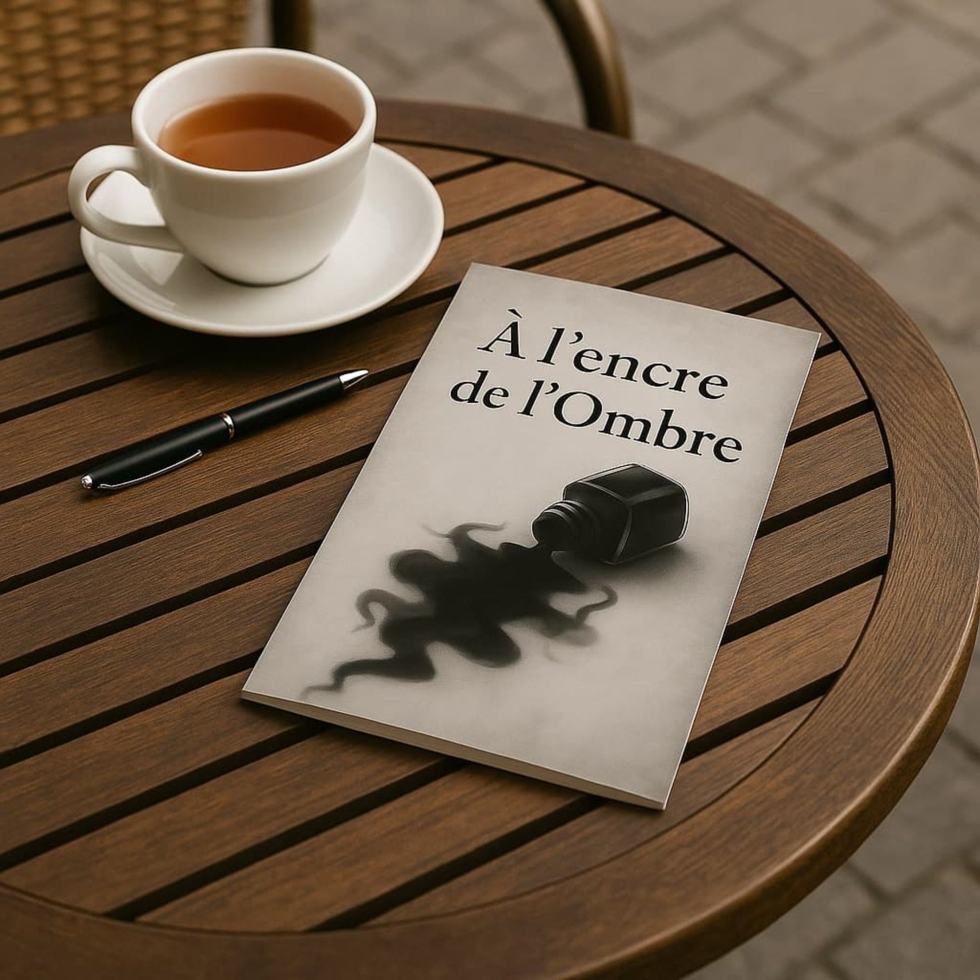 Carnet de notes - À l'encre de l'Ombre - Journal intime posé sur une table de terrasse de café en bois avec une tasse de café et un stylo à bille à côté