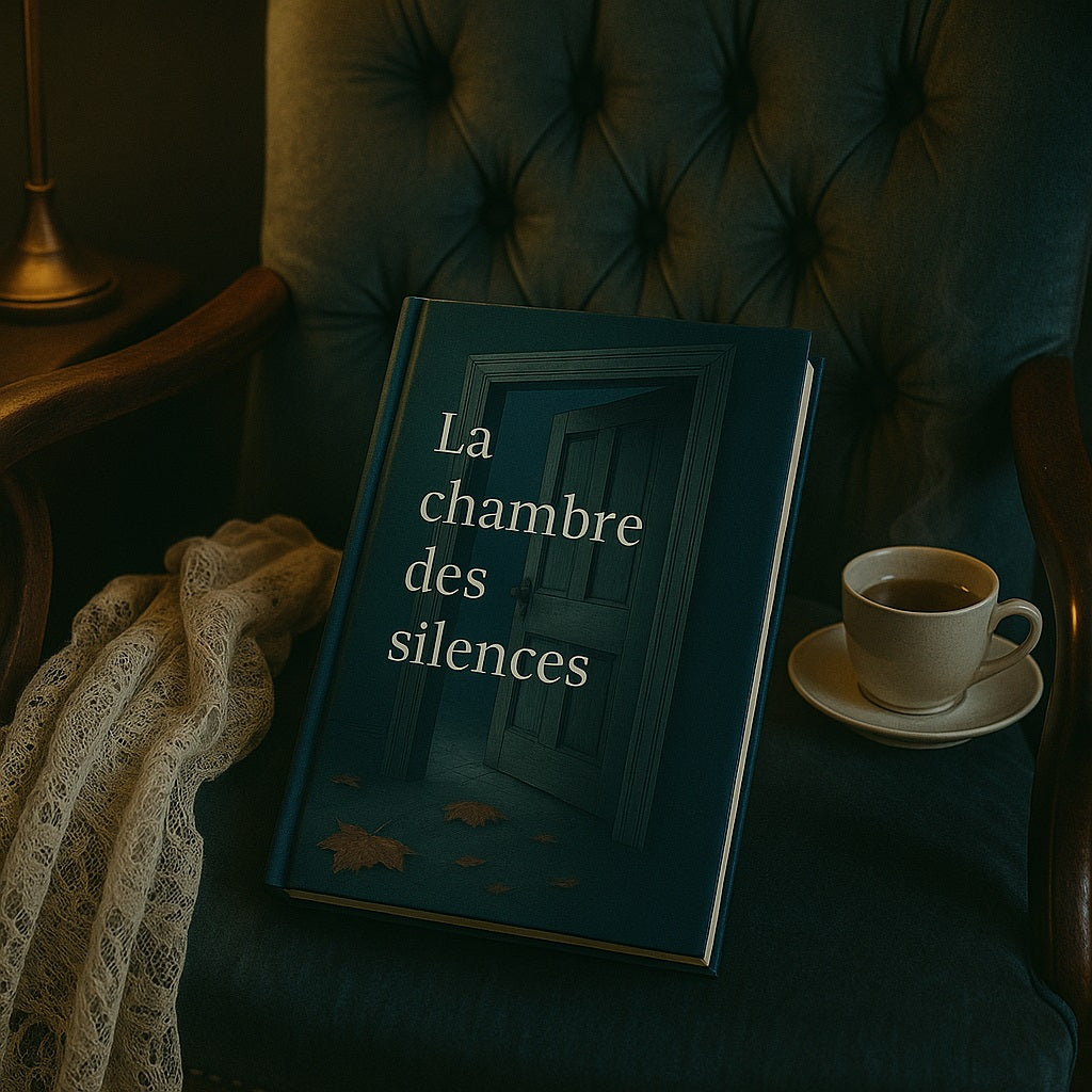 Carnet de notes - La chambre des silences - Journal intime posé sur un fauteuil en velours vert bleu, une tasse de café et une écharpe dentelée à côté