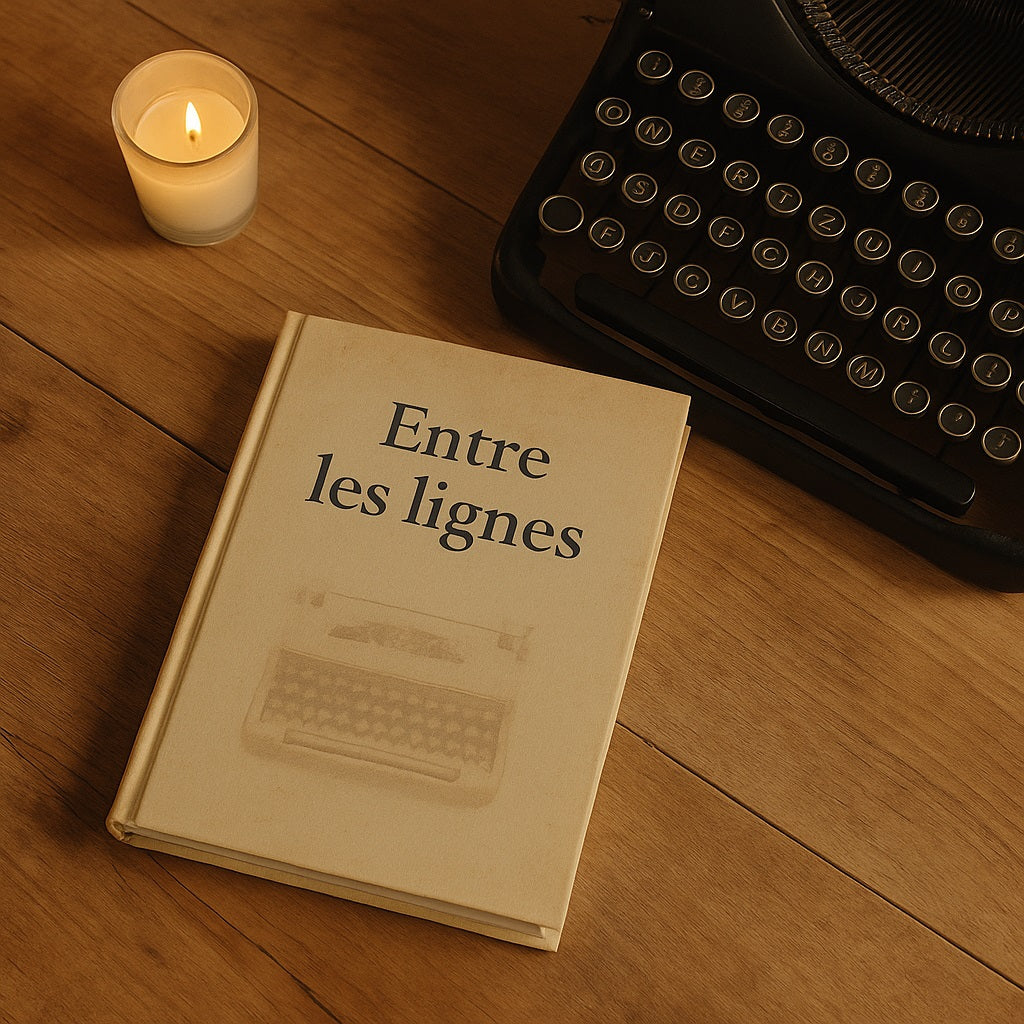 Carnet de notes - Entre les lignes  Journal intime posée sur une table en bois avec à côté une vieille machine à écrire et une bougie allumée