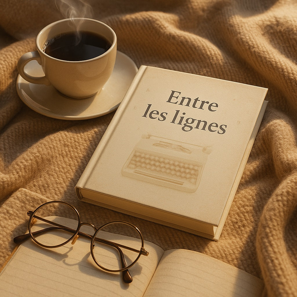 Carnet de notes - Entre les lignes  Journal intime posé sur une couverture en laine brun clair avec à côté une tasse de café, une paire de lunettes de lecture et un carnet ouvert