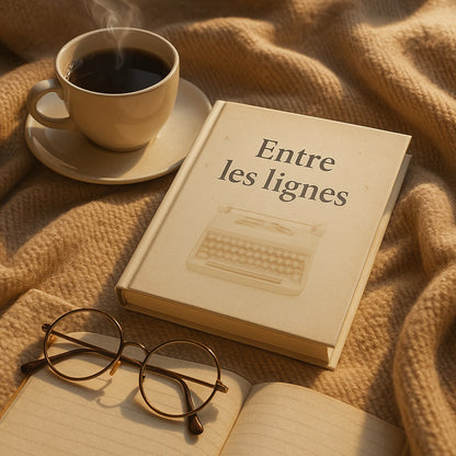 Carnet de notes - Entre les lignes  Journal intime posé sur une couverture en laine brun clair avec à côté une tasse de café, une paire de lunettes de lecture et un carnet ouvert