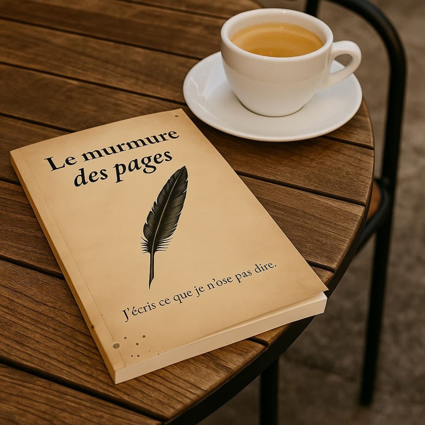 Carnet de notes - Le murmure des pages - Journal intime posé sur une table ronde en bois avec une tasse de café à côté