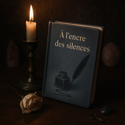 Carnet de notes - À l'encre des silences - Journal intime déposé contre un mur bordeaux avec à côté une rose blanche séchée, une bougie allumée et une clef ancienne