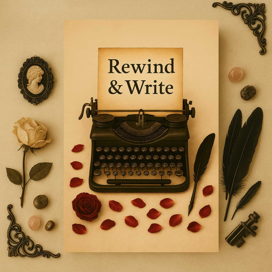 Carnet de notes- Rewind & Write - Journal intime posé sur un meuble beige avec à côté des plumes noires, une rose blanche séchée et des pierres précieuses