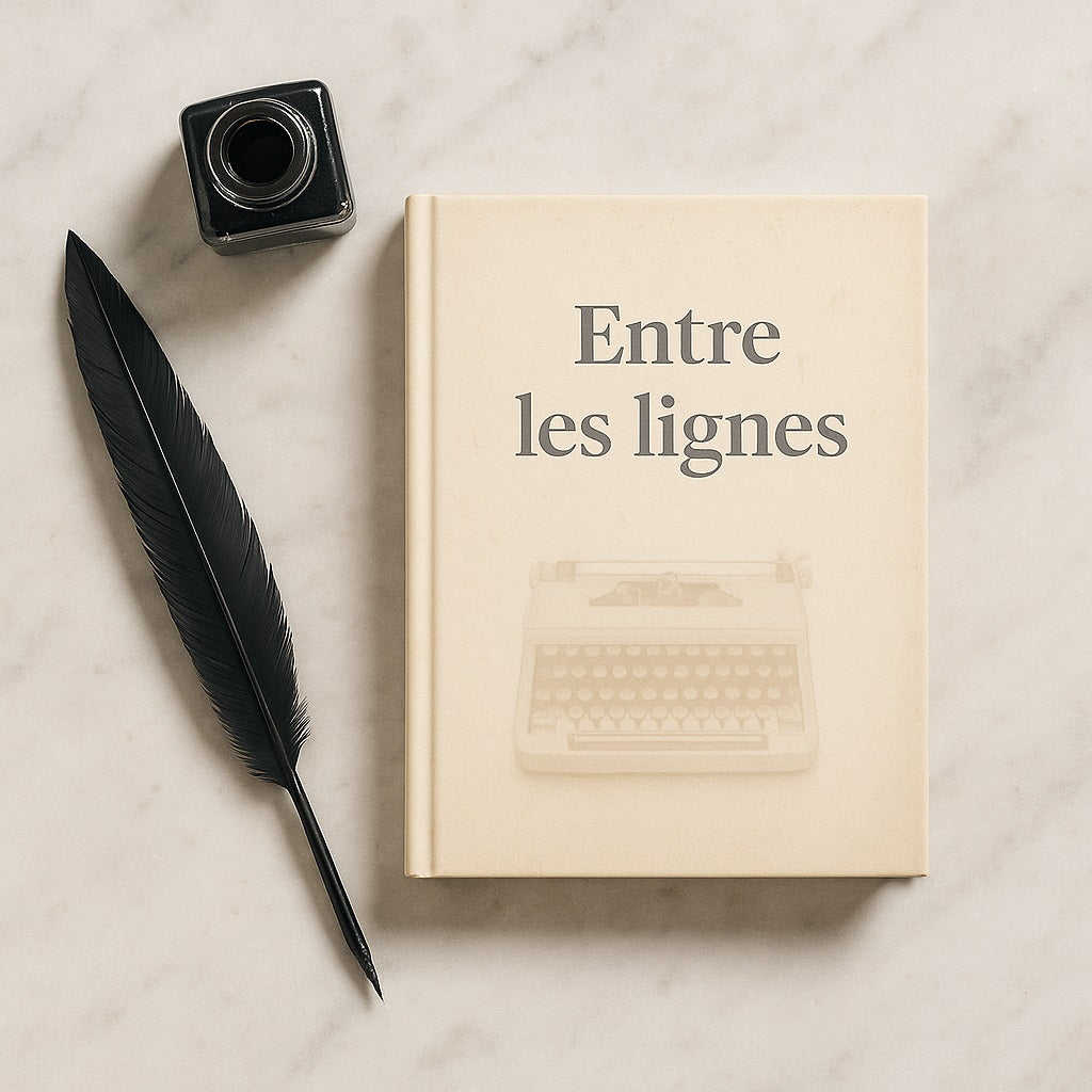 Carnet de notes - Entre les lignes  Journal intime posé sur un meuble en marbre avec à côté une plume noire et un encrier noir