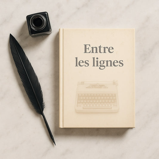 Carnet de notes - Entre les lignes  Journal intime posé sur un meuble en marbre avec à côté une plume noire et un encrier noir
