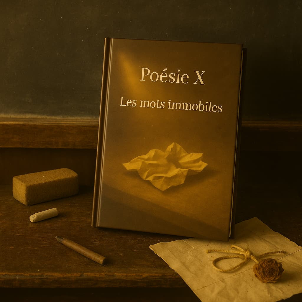 Carnet de poésie Poésie X Les mots immobiles posé contré un tableau d'école avec accessoire autour