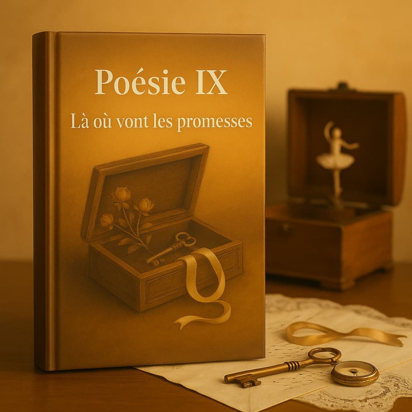 Carnet de poésie Poésie IX Là où vont les promesses posé sur une table en bois, une boite à musique en arrière plan