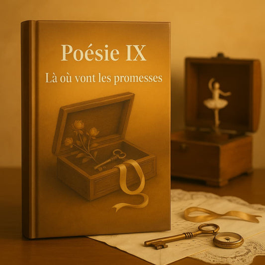 Carnet de poésie Poésie IX Là où vont les promesses posé sur une table en bois, une boite à musique en arrière plan
