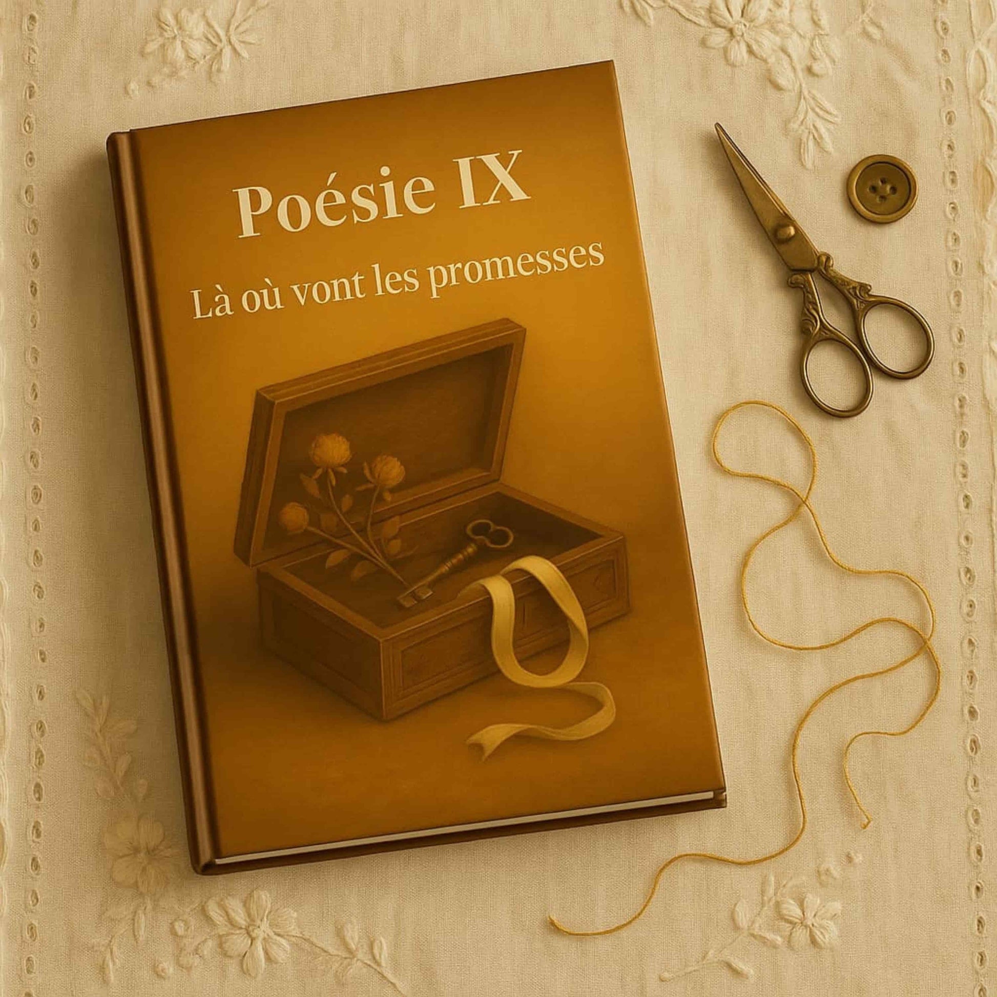Carnet de poésie Poésie IX Là où vont les promesses  posé sur une nappe avec avec des ciseaux anciens à côté