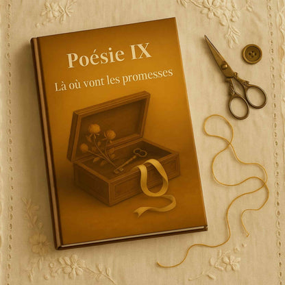 Carnet de poésie Poésie IX Là où vont les promesses  posé sur une nappe avec avec des ciseaux anciens à côté