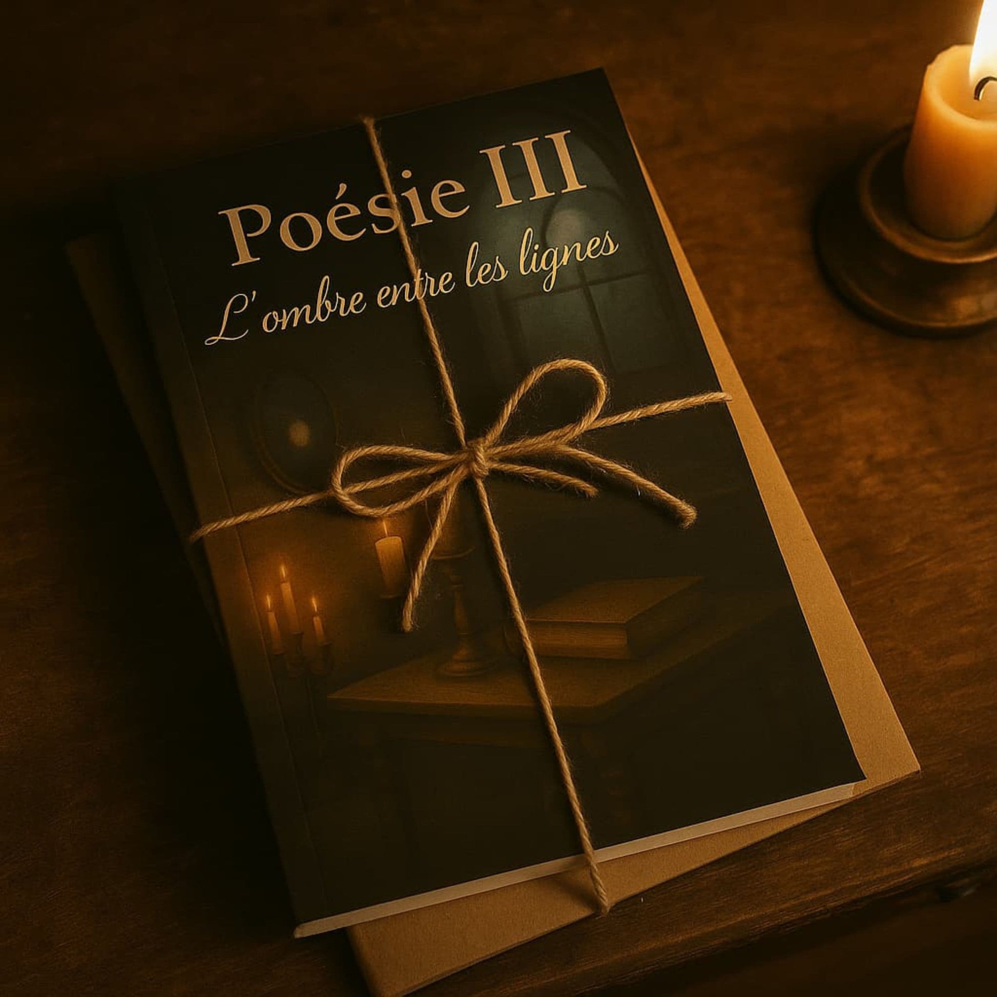 Carnet de poésie - Poésie III L'ombre entre les lignes - Journal poétique posé sur un autre livre et ficelé avec de la corde