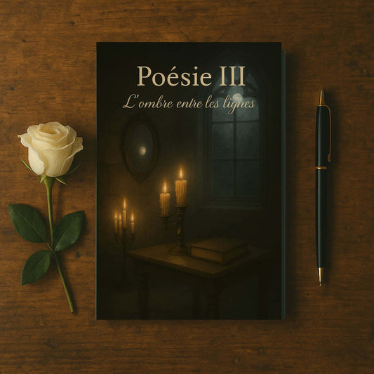Carnet de poésie - Poésie III L'ombre entre les lignes - Journal poétique déposé sur un meuble en bois ancien entouré d'une rose blanche et d'un stylo à bille