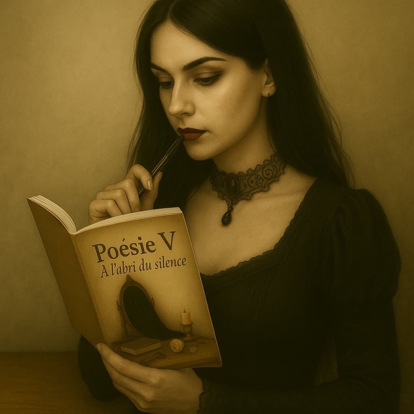 Carnet de poésie - Poésie V À l'abri du silence - Journal poétique tenu dans la main d'une femme gothique, style près de la bouche pensive