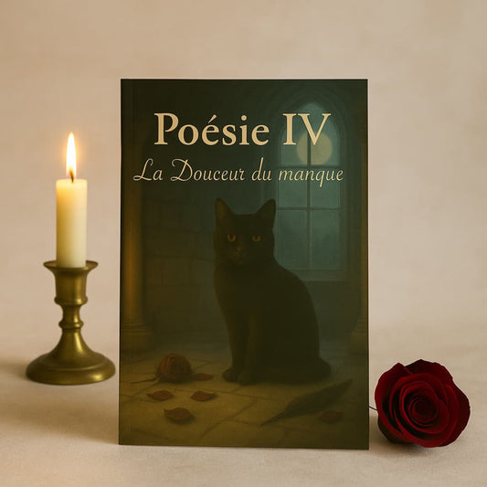 Carnet de poésie - Poésie IV La Douceur du manque - journal poétique posé sur un meuble blanc avec une bougie allumée et une rose rouge à côté