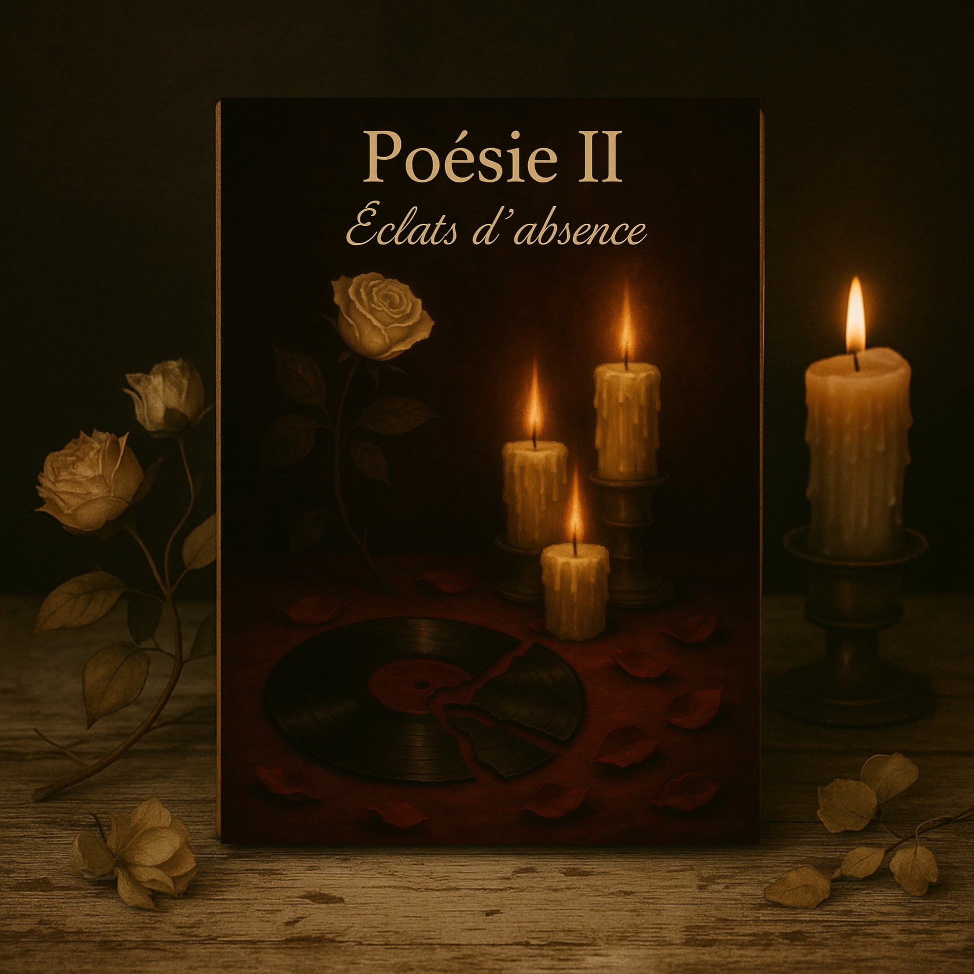Carnet de poésie - Poésie II Éclats d'absence - journal poétique posé sur un meuble en bois avec à côté une bougie allumée et des roses blanches séchées