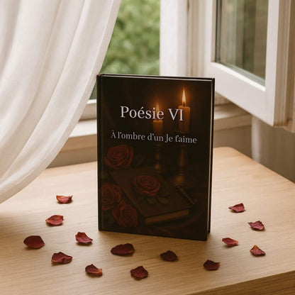 Carnet de poésie Poésie VI À l'ombre d'un Je t'aime posé à la verticale sur une table en bois avec des pétales de roses autour. Une fenêtre est entrouverte