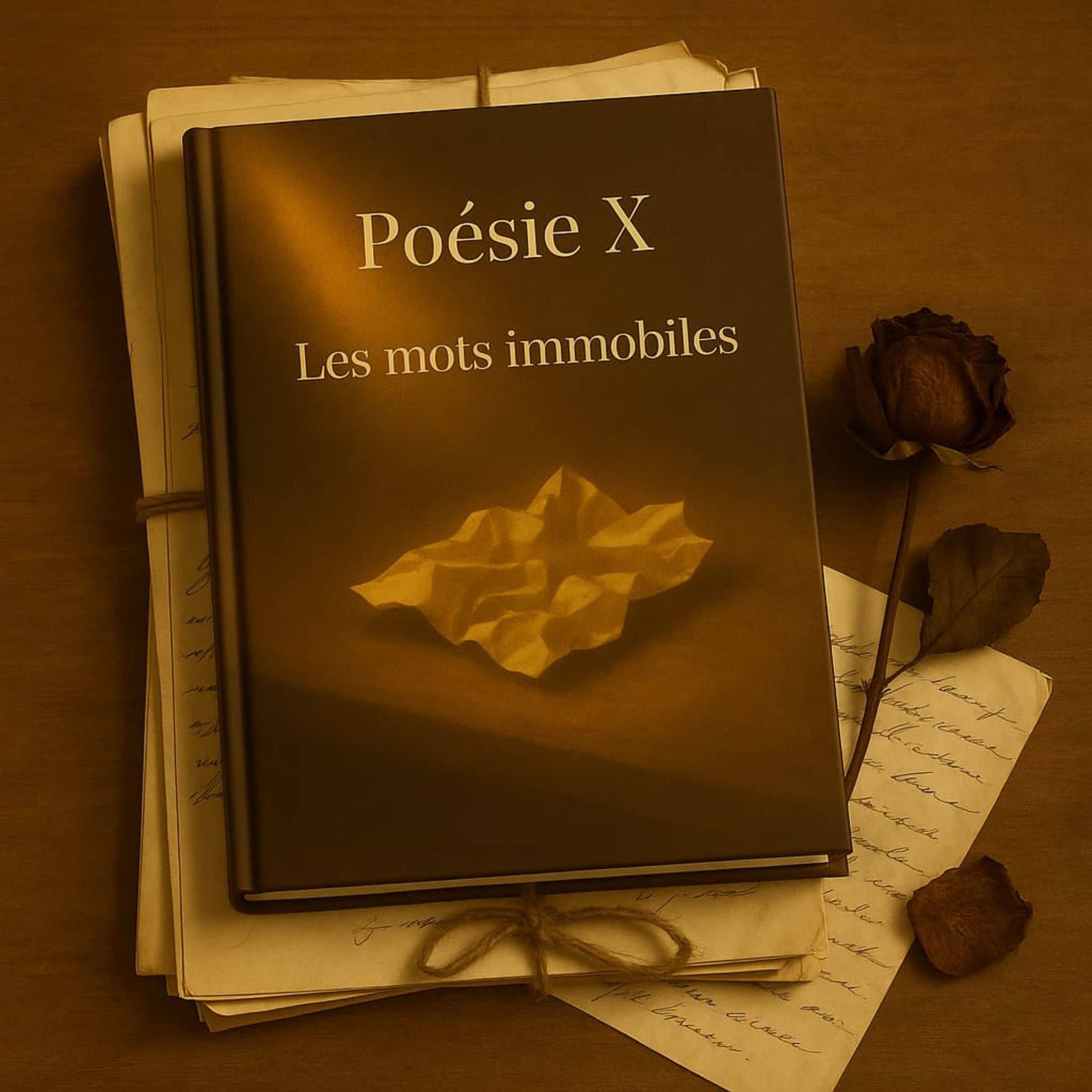 Carnet de poésie Poésie X Les mots immobiles posé sur de vieilles lettres manuscrites et une rose rouge fanée se trouve à côté