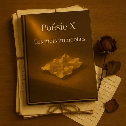 Carnet de poésie Poésie X Les mots immobiles posé sur de vieilles lettres manuscrites et une rose rouge fanée se trouve à côté