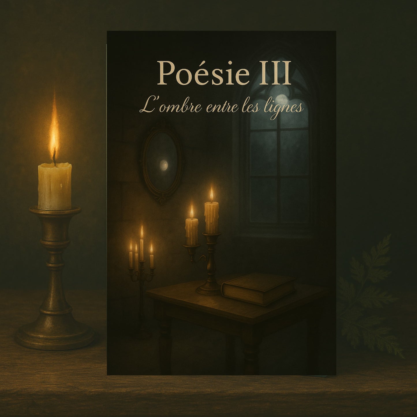 Carnet de poésie - Poésie III L'ombre entre les lignes - Journal poétique posé sur un meuble en bois ancien avec une bougie allumée à côté