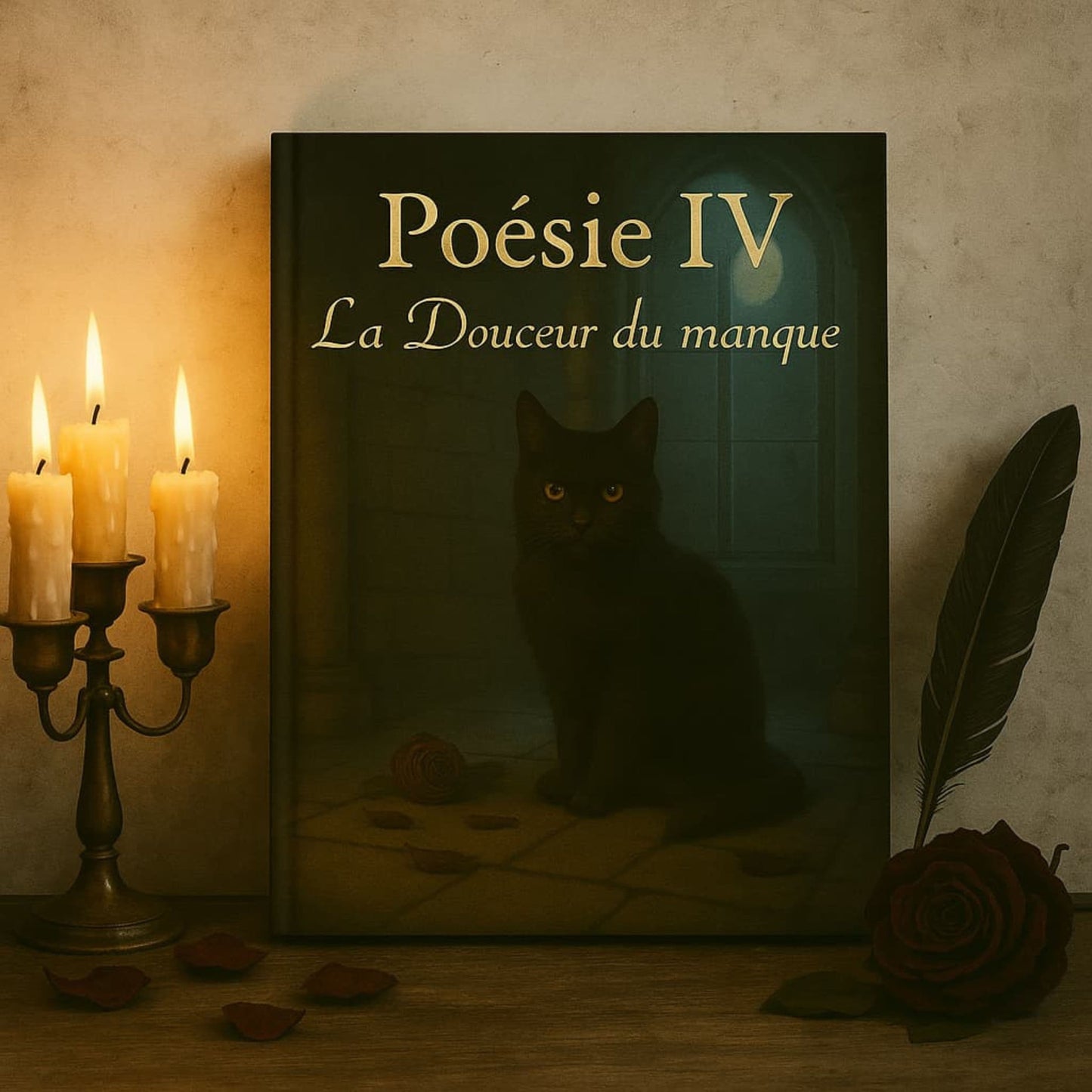 Carnet de poésie - Poésie IV La Douceur du manque - journal poétique posé contre le mur sur un meuble en bois avec des bougies allumées, une rose rouge et une plume noire à côté