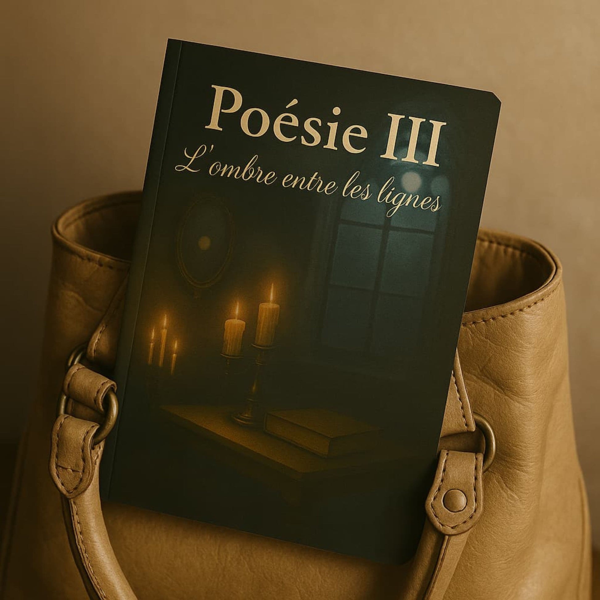 Carnet de poésie - Poésie III L'ombre entre les lignes - Journal poétique posé sur un sac en cuir beige ancien