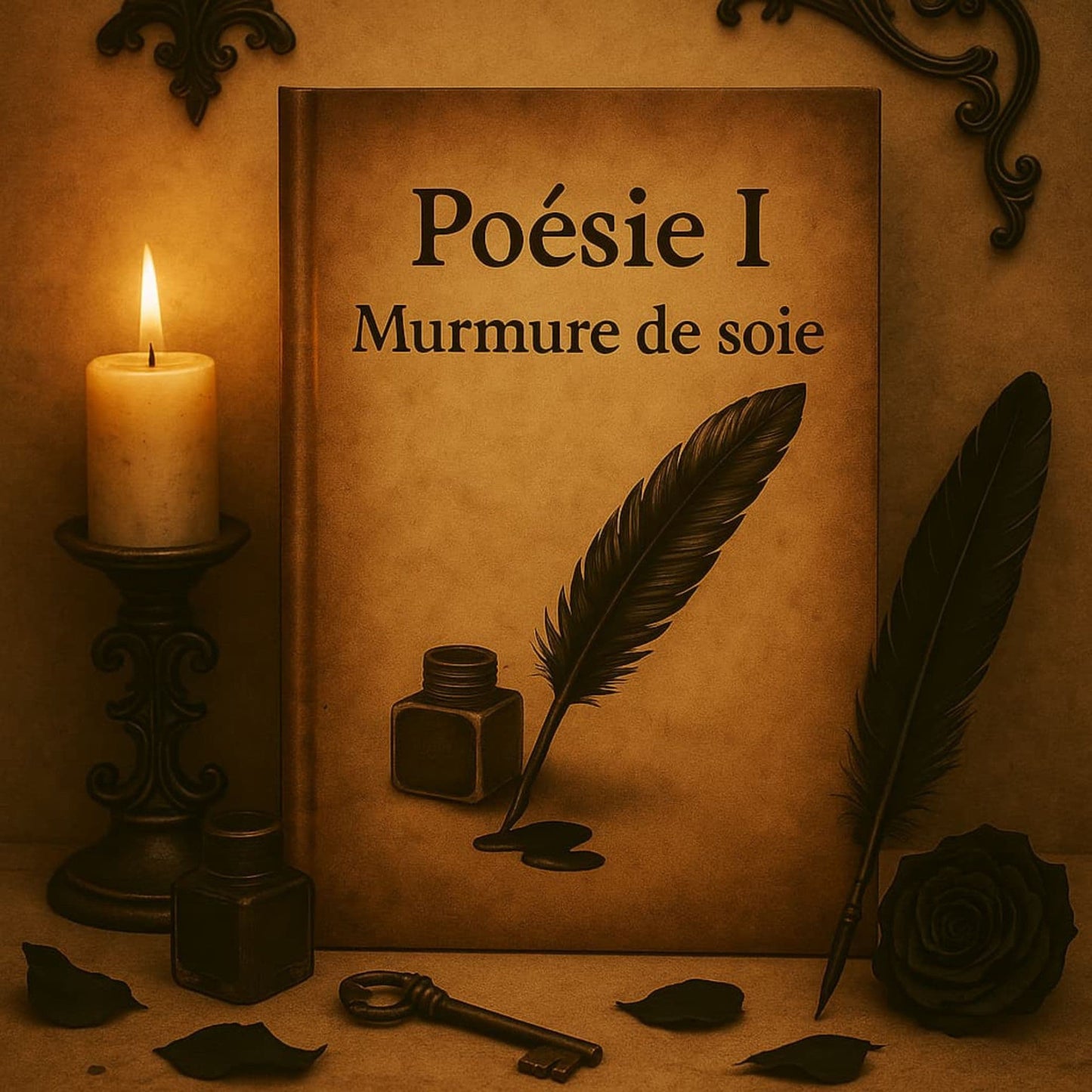 Carnet de poésie - Poésie I Murmure de soie - Journal poétique posé contre un mur et entouré d'une bougie allumée, un encrier noir, une rose noire , une plume noire et une clef ancienne