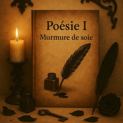 Carnet de poésie - Poésie I Murmure de soie - Journal poétique posé contre un mur et entouré d'une bougie allumée, un encrier noir, une rose noire , une plume noire et une clef ancienne
