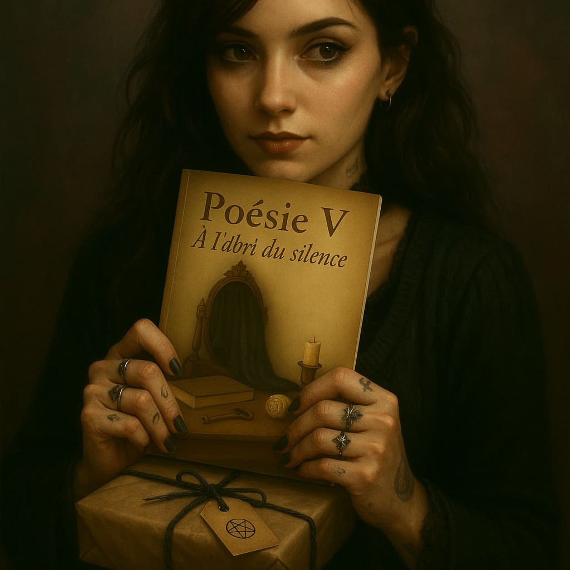 Carnet de poésie - Poésie V À l'abri du silence - Journal poétique tenu dans les mains d'une femme gothique déposé sur un paquet cadeau
