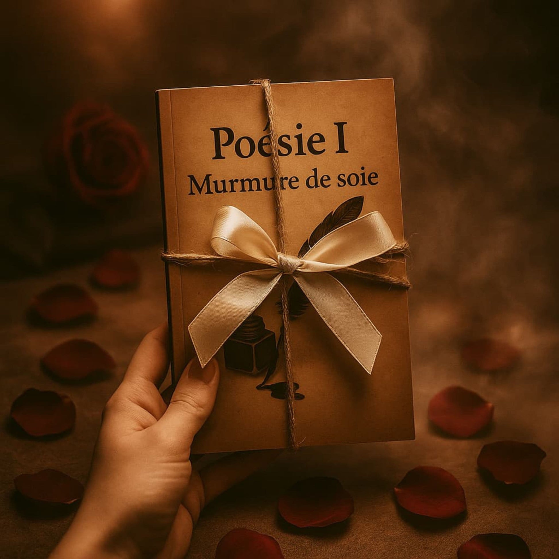 Carnet de poésie - Poésie I Murmure de soie - Journal poétique tenu dans ne main et présenté comme cadeau. Livre ficelé avec de la corde, des pétales de roses rouges jonchent le sol