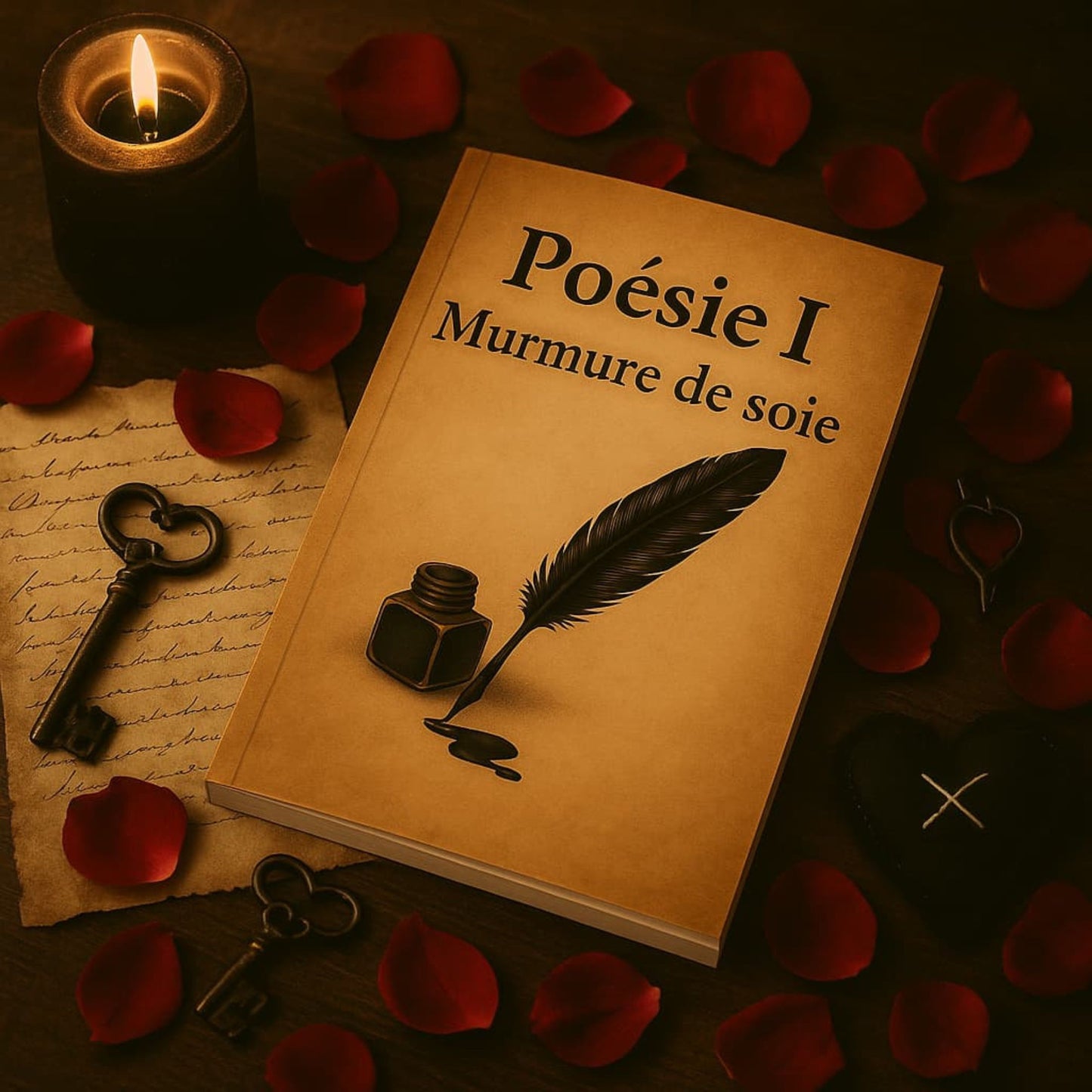 Carnet de poésie - Poésie I Murmure de soie - Journal poétique déposé sur un tas de pétales de roses rouges avec à côté une bougie allumée, des clefs anciennes et un coeur noir