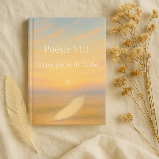 Carnet de poésie Poésie VIII Les paupières de l'aube posé sur une drap avec une plume et des brins séchés à côté du livre