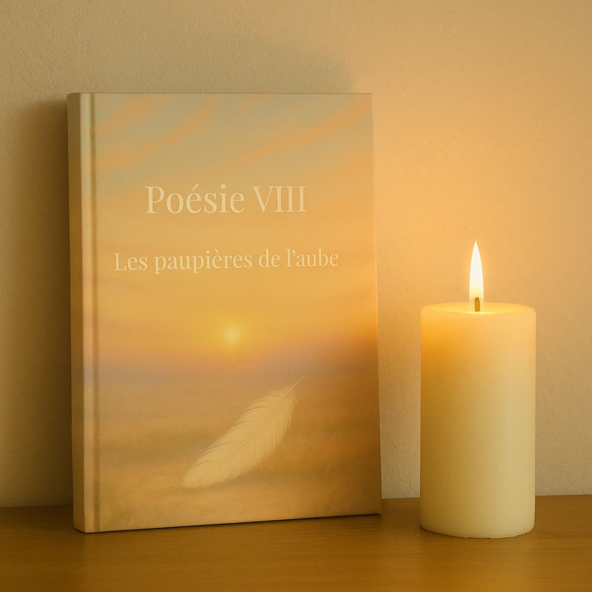 Carnet de poésie Poésie VIII Les paupières de l'aube posé à la verticale sur une table en bois, une bougie allumée à côté