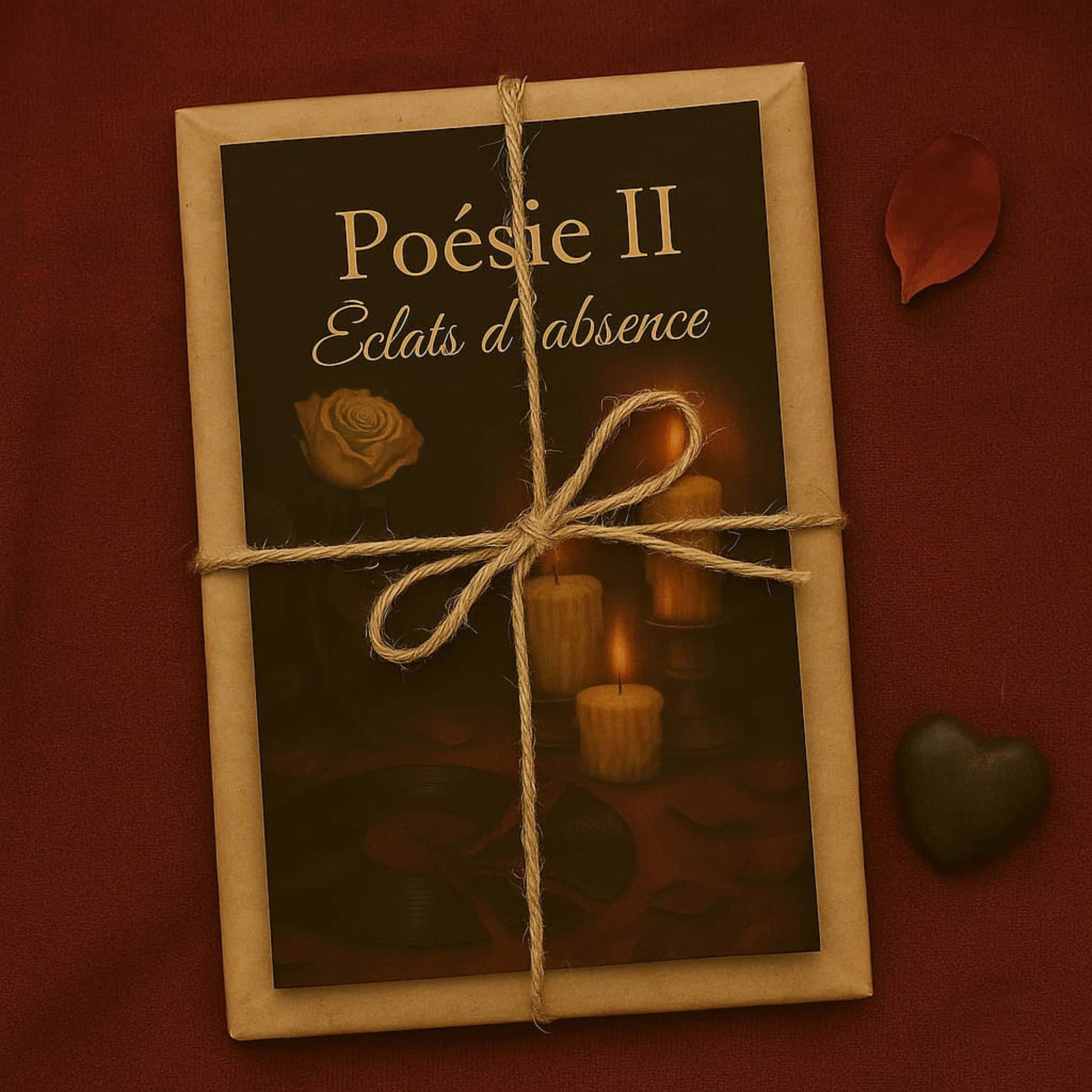 Carnet de poésie - Poésie II Éclats d'absence - journal poétique posé sur un paquet cadeau et ficelé par de la corde