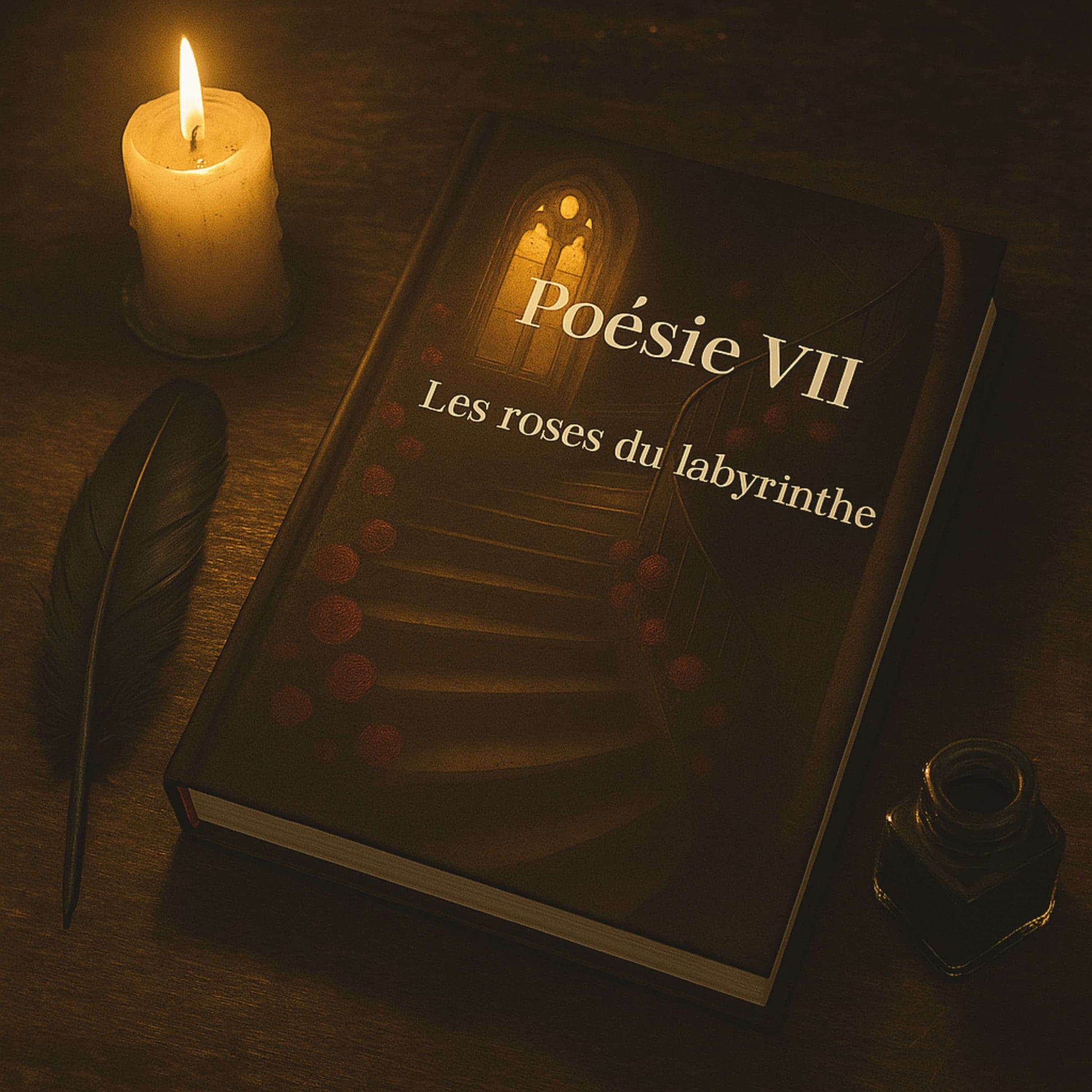 Carnet de poésie Poésie VII Les roses du labyrinthe posé sur une table en bois, un encrier noir, une plume noire et une bougie allumée à côté
